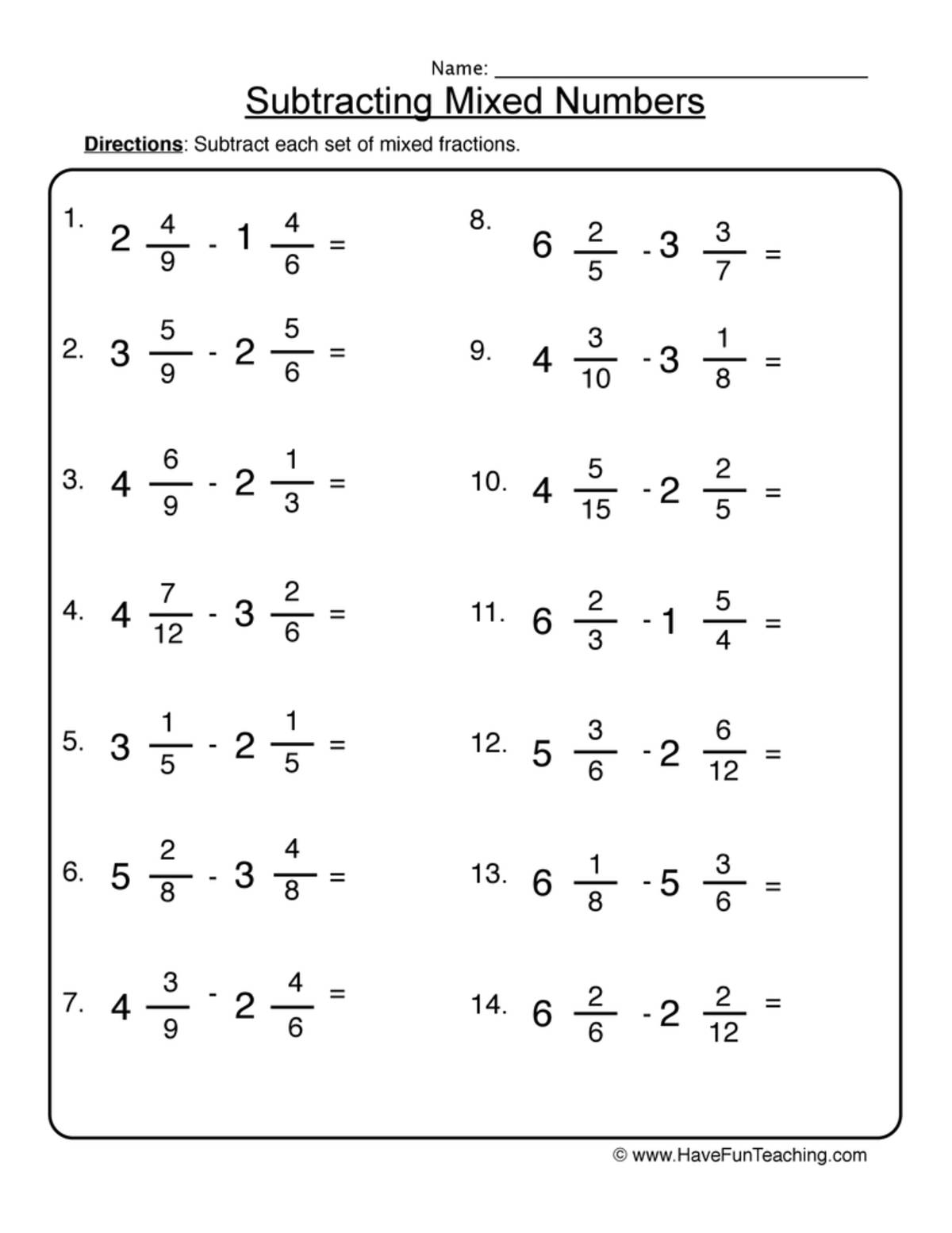 An educational teaching resource from Have Fun Teaching entitled Subtracting Mixed Numbers Worksheet downloadable at Teach Simple.