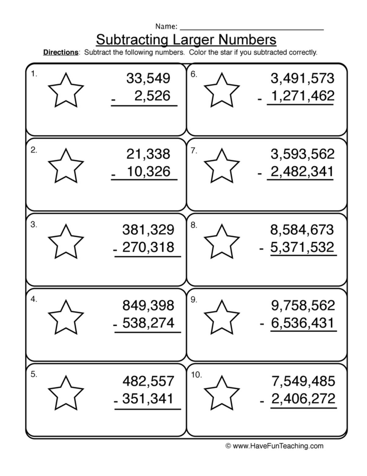 An educational teaching resource from Have Fun Teaching entitled Subtracting Multi-Digit No Regrouping Worksheet downloadable at Teach Simple.