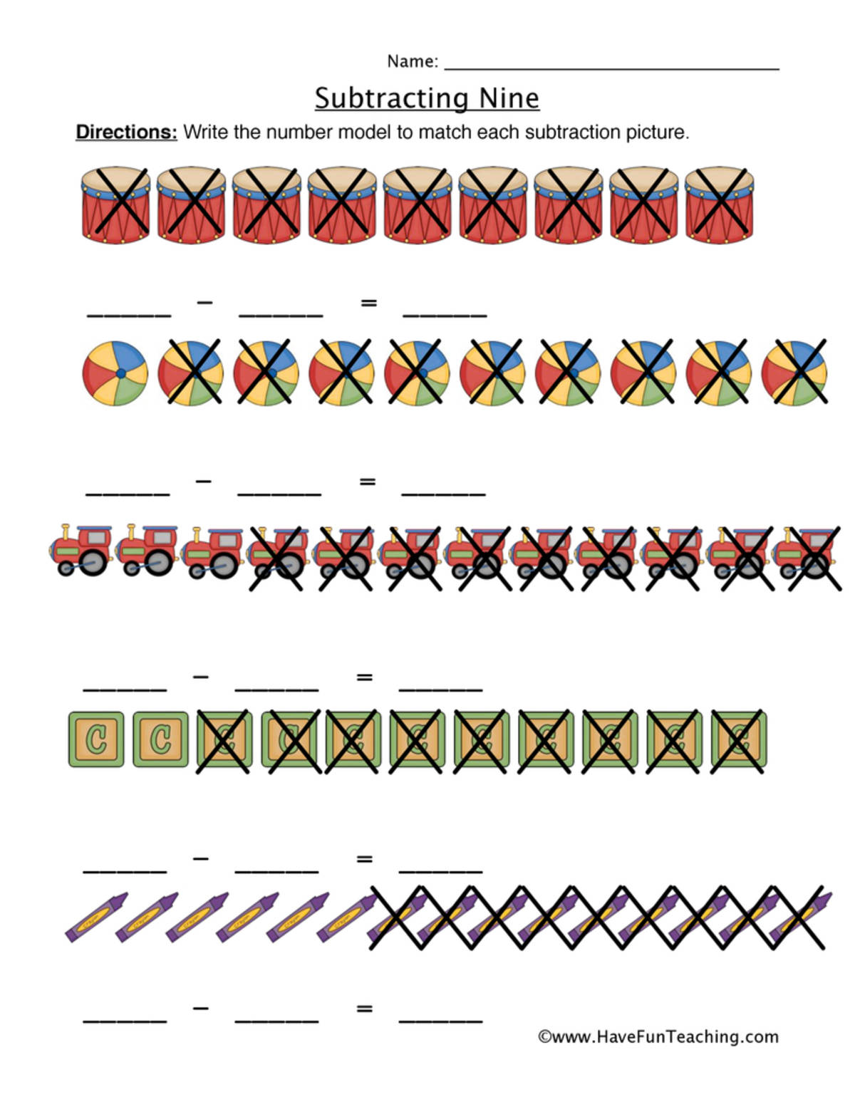 An educational teaching resource from Have Fun Teaching entitled Subtracting Nine Writing Equations Worksheet downloadable at Teach Simple.