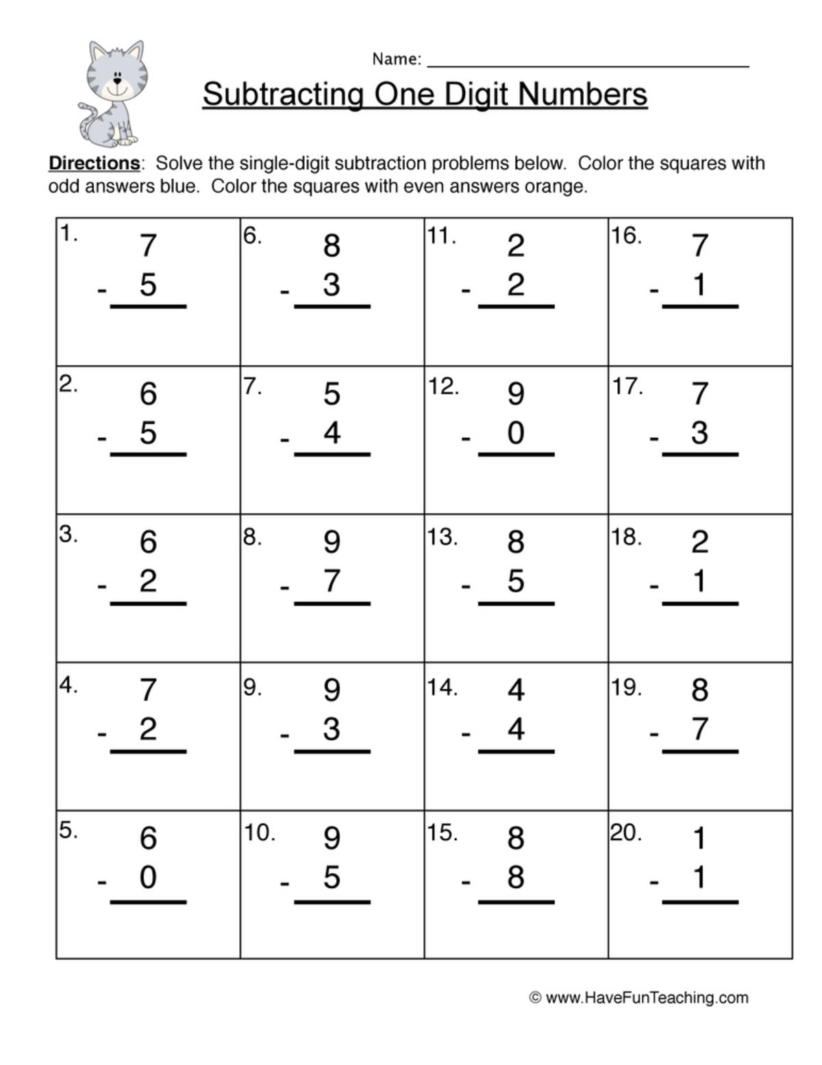 An educational teaching resource from Have Fun Teaching entitled Subtracting One Digit Numbers Worksheet downloadable at Teach Simple.