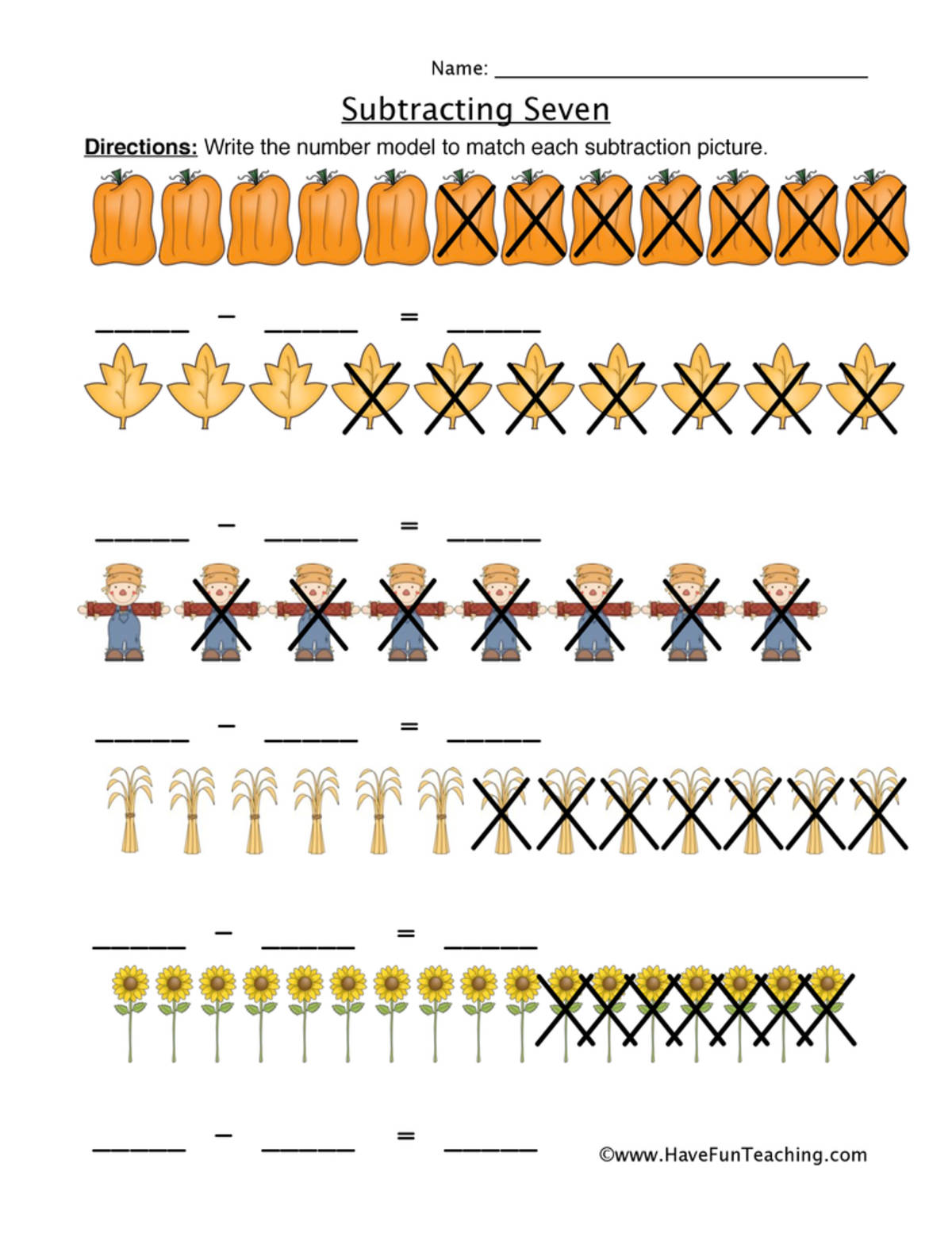 An educational teaching resource from Have Fun Teaching entitled Subtracting Seven Writing Equations Worksheet downloadable at Teach Simple.