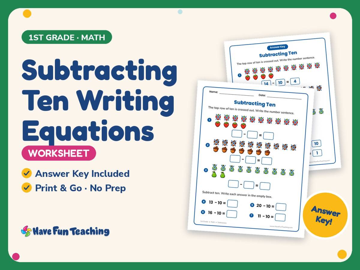 Subtracting Ten Writing Equations Worksheet – 1st Grade Subtraction preview