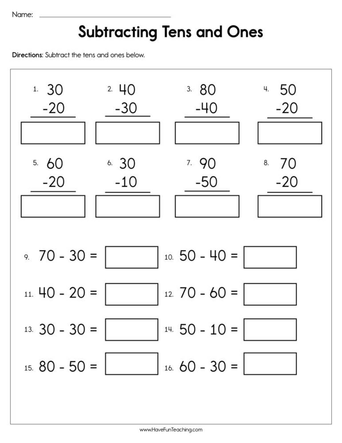 An educational teaching resource from Have Fun Teaching entitled Subtracting Tens and Ones Worksheet downloadable at Teach Simple.