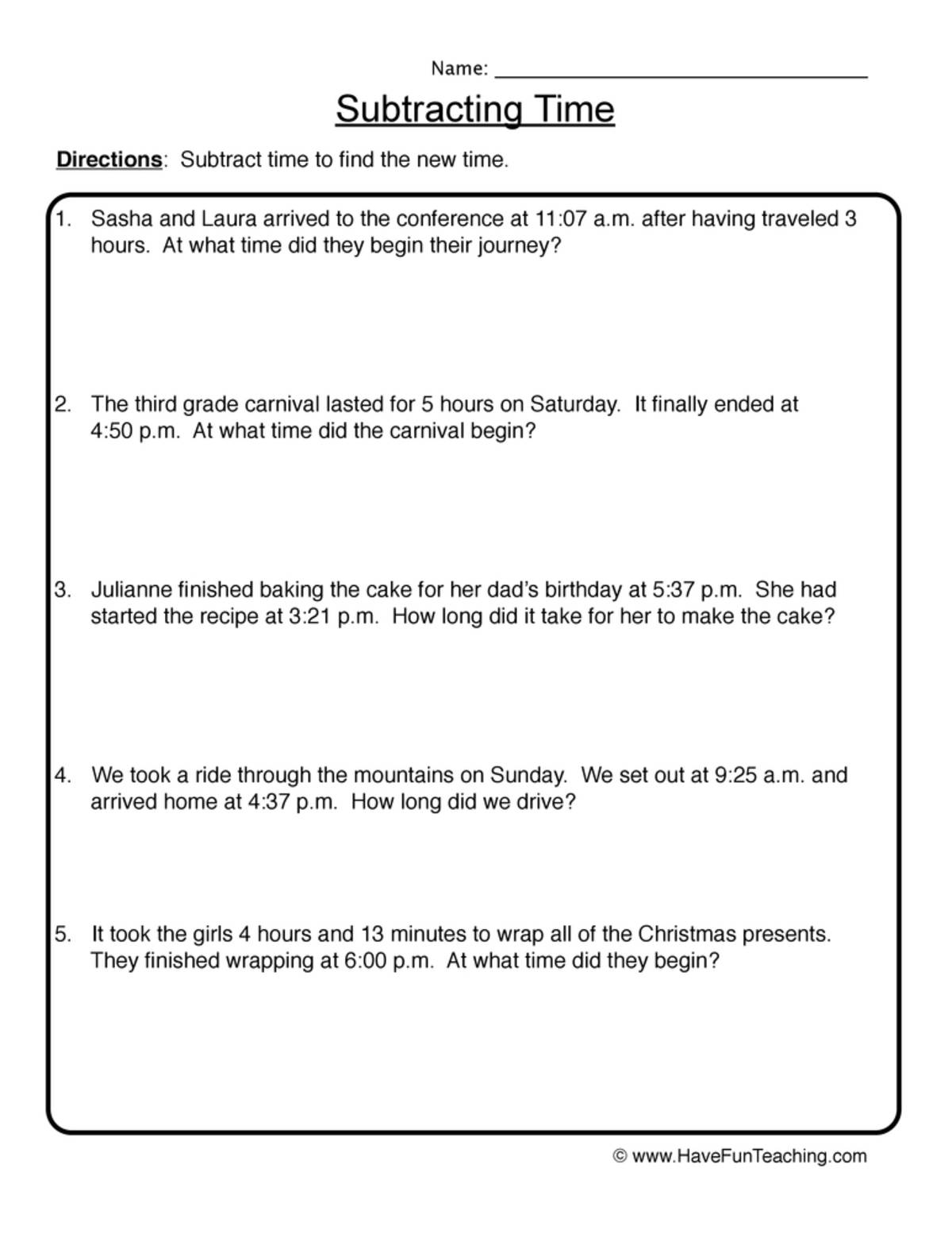 An educational teaching resource from Have Fun Teaching entitled Subtracting Time Problems Worksheet downloadable at Teach Simple.