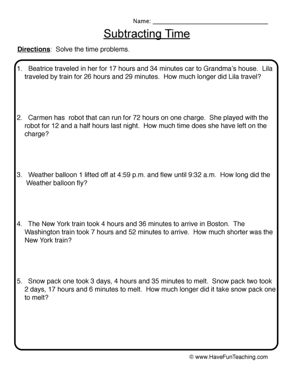 An educational teaching resource from Have Fun Teaching entitled Subtracting Time Worksheet downloadable at Teach Simple.