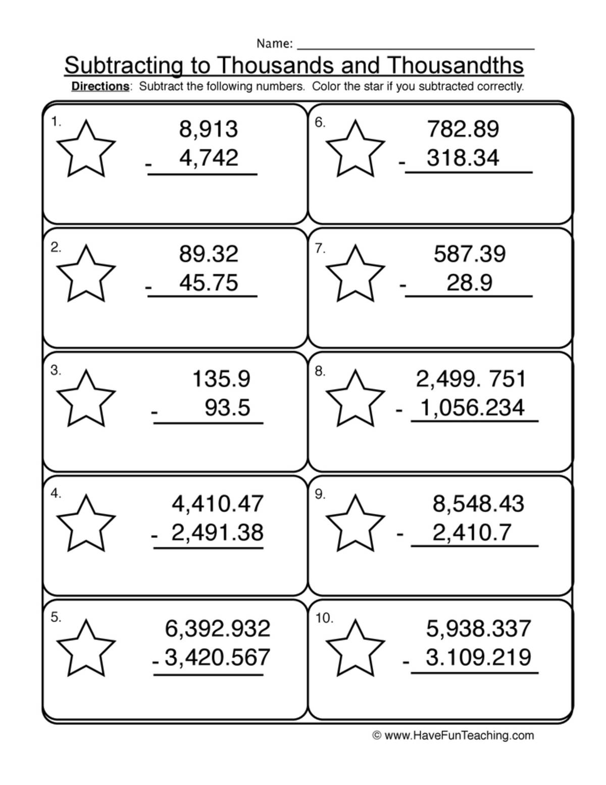 An educational teaching resource from Have Fun Teaching entitled Subtracting to Thousands and Thousandths Worksheet downloadable at Teach Simple.