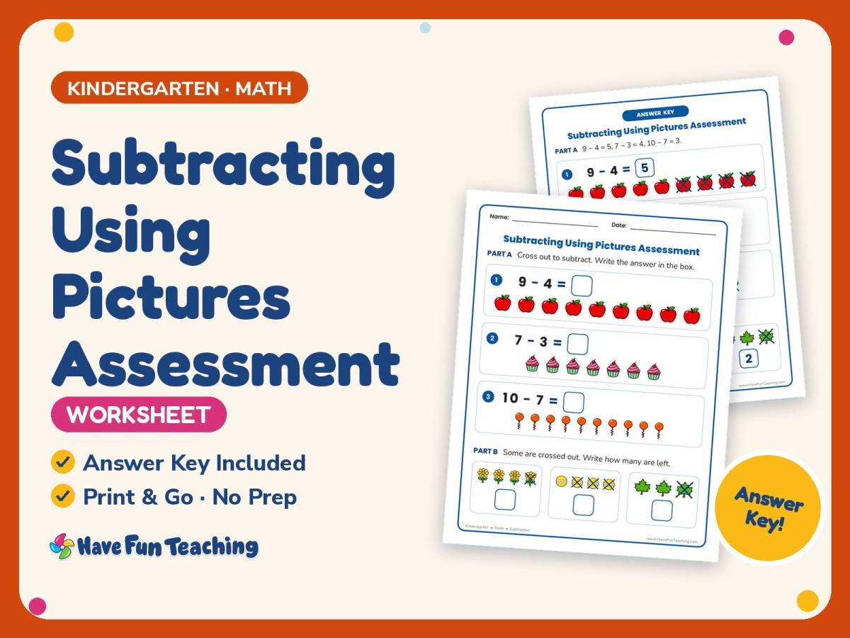 Subtracting Using Pictures Assessment Worksheet – Kindergarten preview