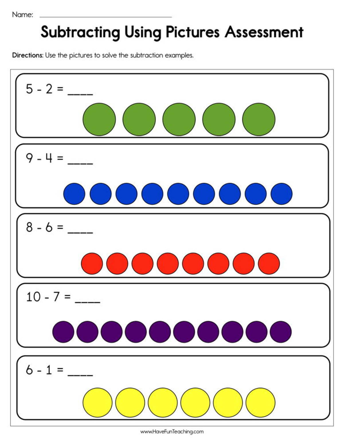An educational teaching resource from Have Fun Teaching entitled Subtracting Using Pictures Assessment Worksheet downloadable at Teach Simple.