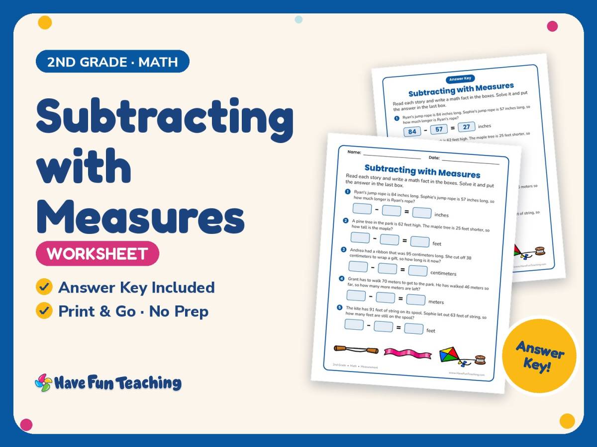 Subtracting with Measures Worksheet – 2nd Grade Basic Operations preview