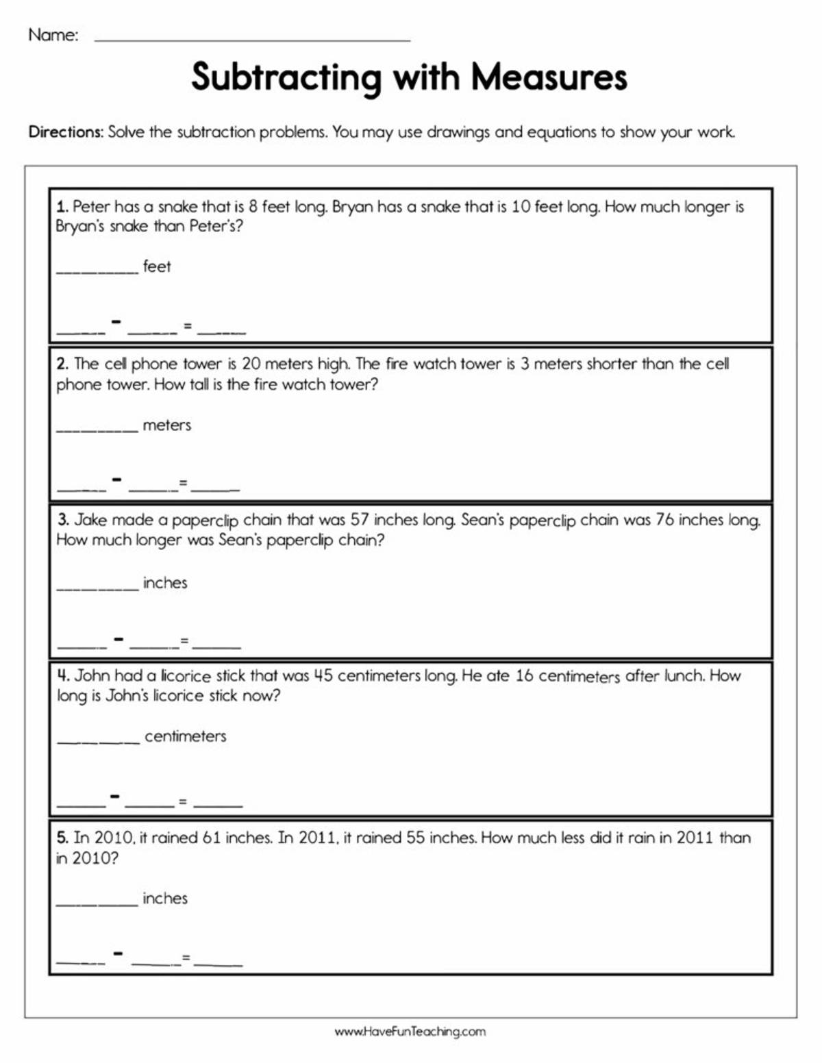 An educational teaching resource from Have Fun Teaching entitled Subtracting with Measures Worksheet downloadable at Teach Simple.