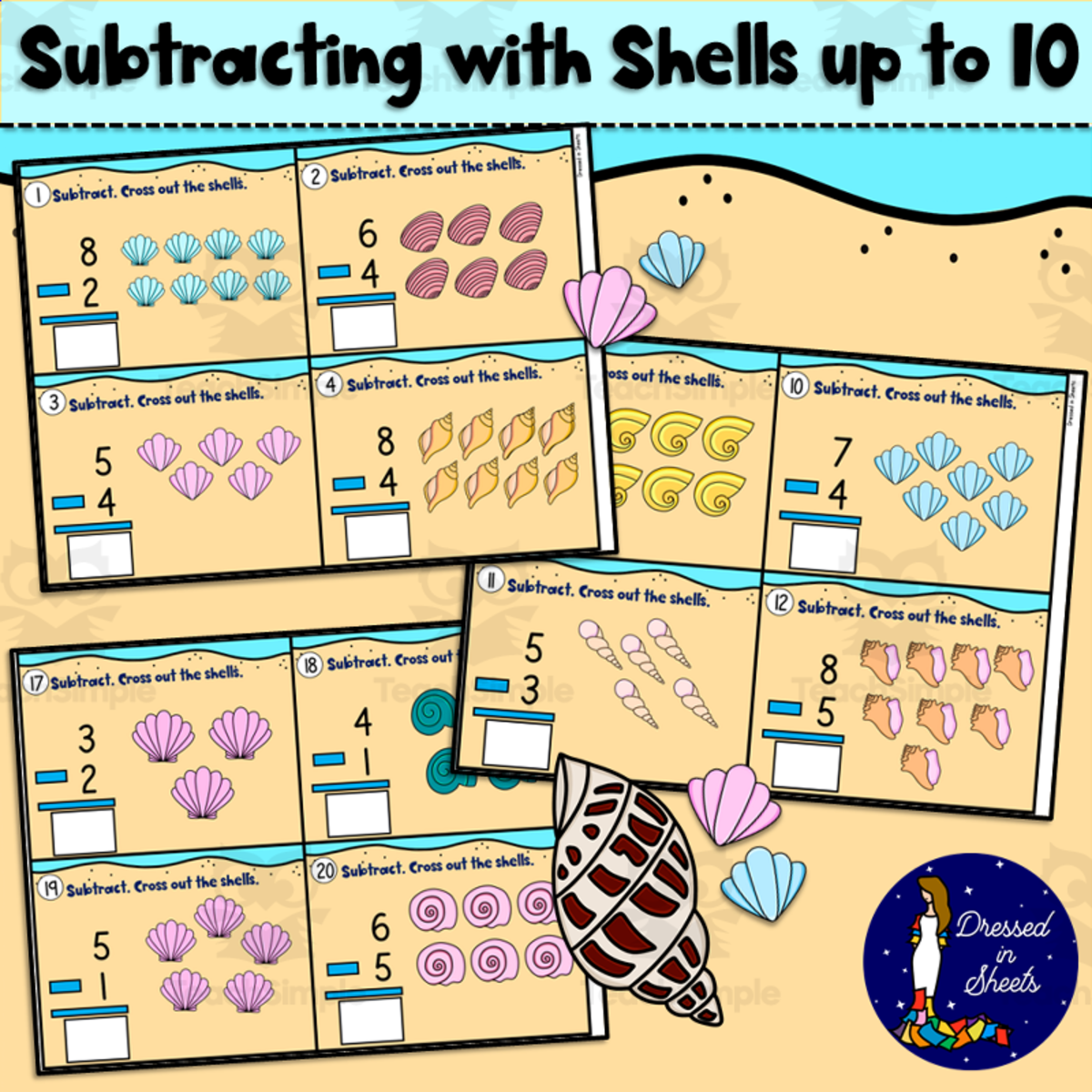 An educational teaching resource from Soumara Siddiqui entitled Subtracting with Shells up to 10 Task Cards downloadable at Teach Simple.