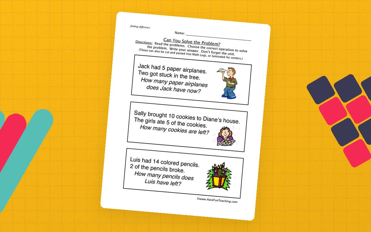 An educational teaching resource from Have Fun Teaching entitled Subtracting Word Problems Worksheet downloadable at Teach Simple.