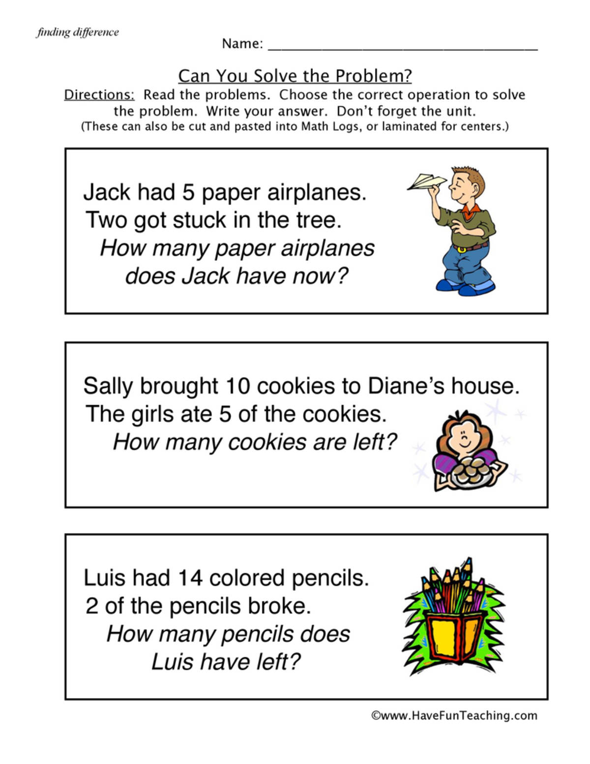 An educational teaching resource from Have Fun Teaching entitled Subtracting Word Problems Worksheet downloadable at Teach Simple.