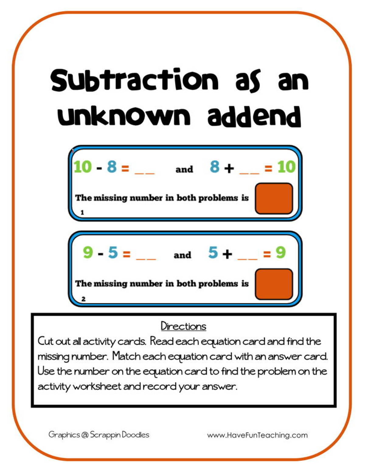An educational teaching resource from Have Fun Teaching entitled Subtraction as an Unknown Addend Activity downloadable at Teach Simple.