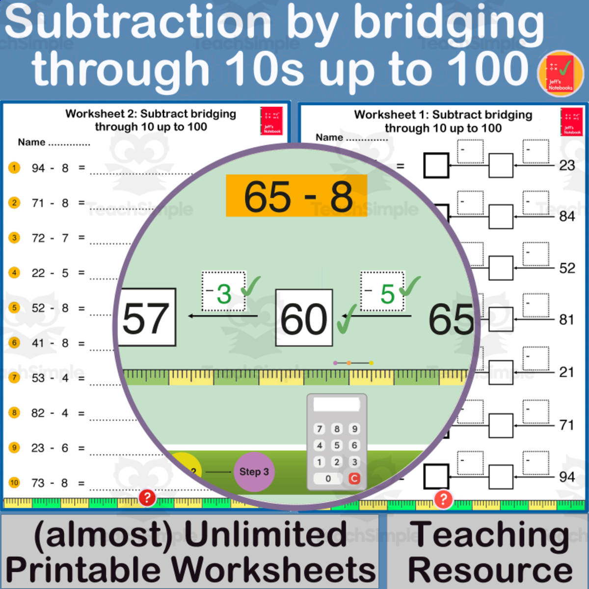 An educational teaching resource from Jeff's Notebooks entitled Subtraction by bridging through 10s up to 100 downloadable at Teach Simple.