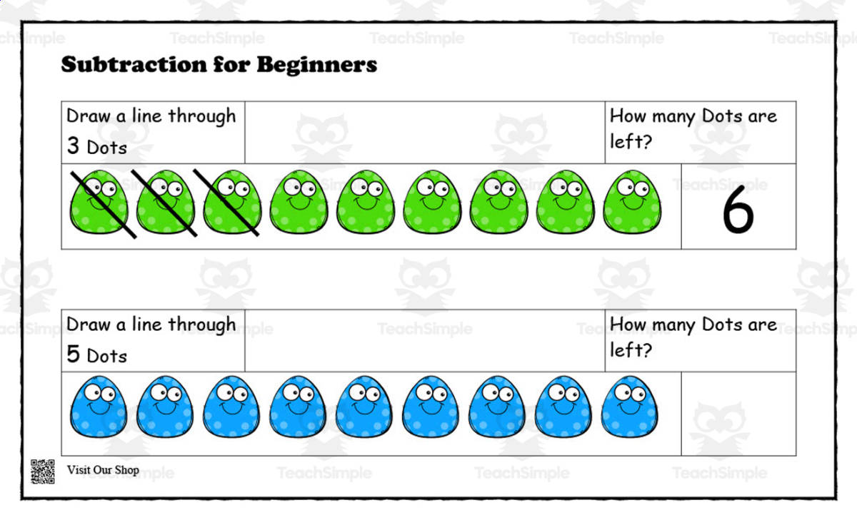 An educational teaching resource from KD's Kids School Shop entitled Subtraction Dots for Beginners Worksheet downloadable at Teach Simple.