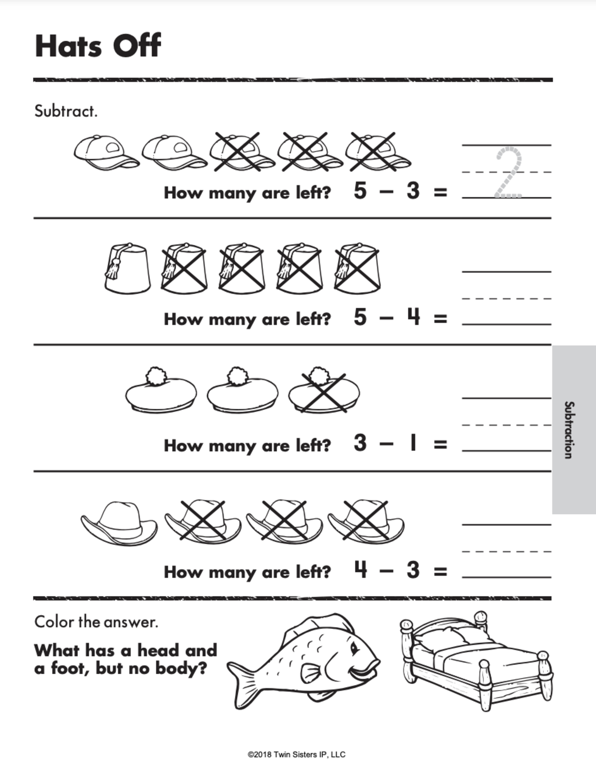 An educational teaching resource from Twin Sisters Digital Media entitled Subtraction Facts 1-18 Printable Workbook downloadable at Teach Simple.