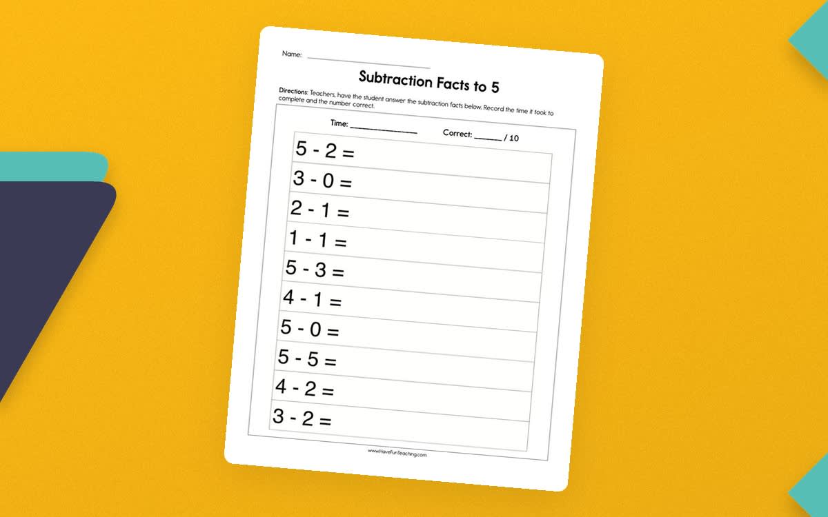 An educational teaching resource from Have Fun Teaching entitled Subtraction Facts to 5 Worksheet downloadable at Teach Simple.