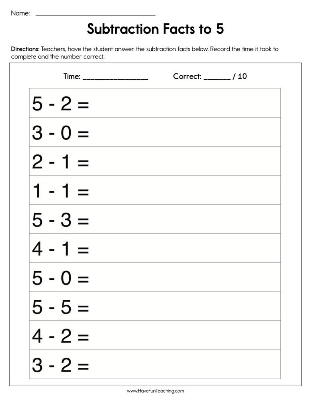An educational teaching resource from Have Fun Teaching entitled Subtraction Facts to 5 Worksheet downloadable at Teach Simple.