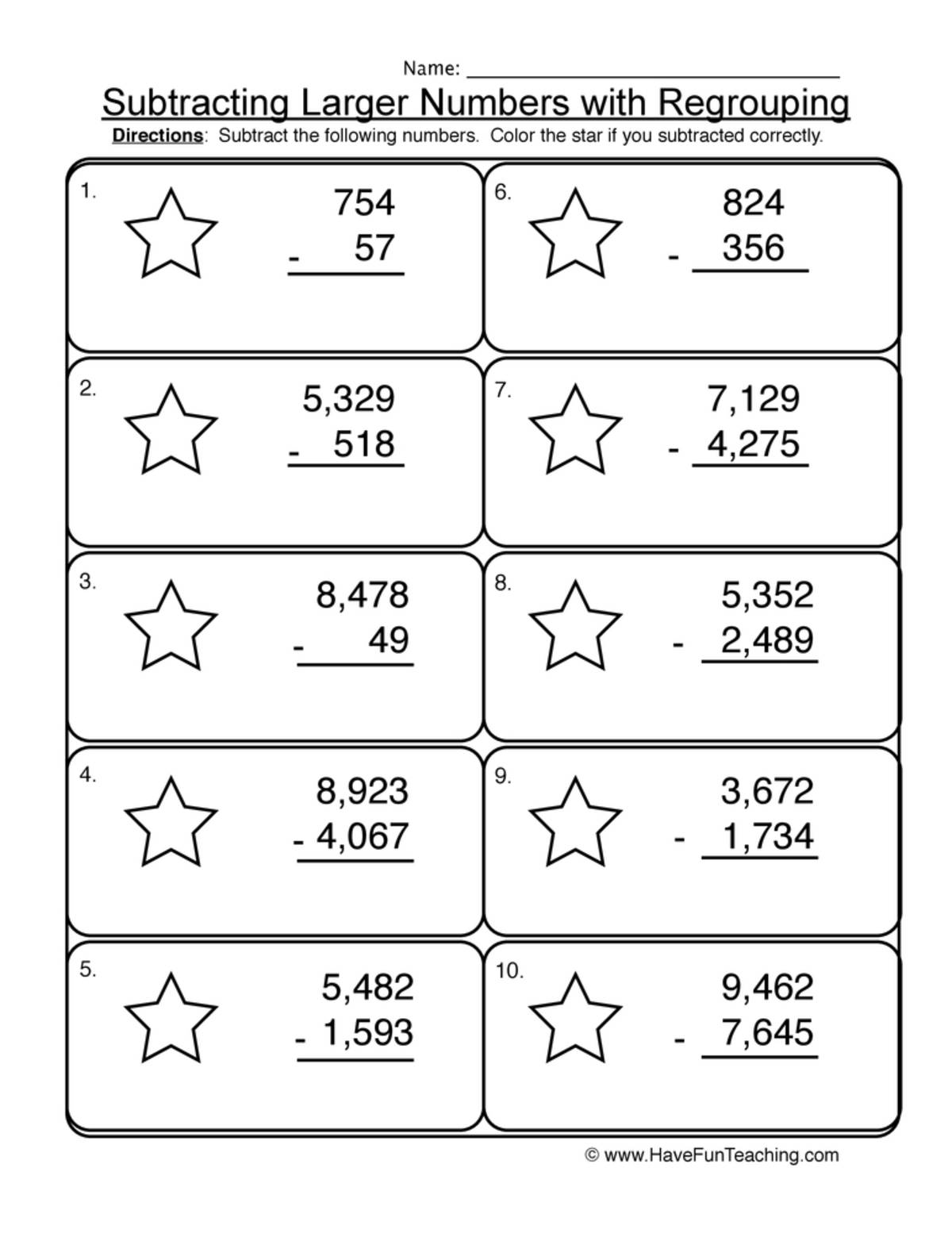 An educational teaching resource from Have Fun Teaching entitled Subtraction Multi-Digit Regrouping Worksheet downloadable at Teach Simple.