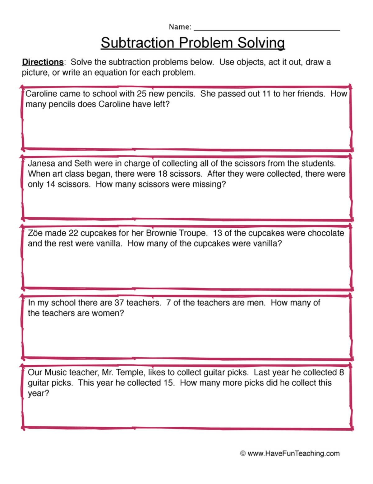 An educational teaching resource from Have Fun Teaching entitled Subtraction Problem Solving Worksheet downloadable at Teach Simple.