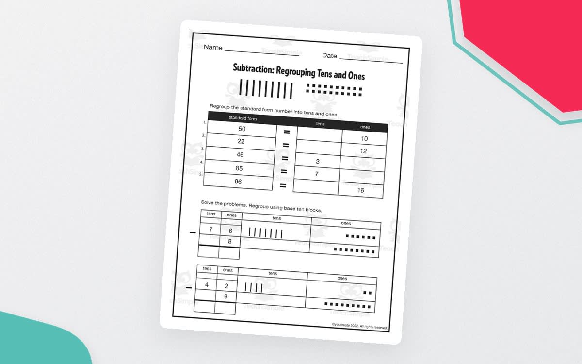 An educational teaching resource from WFO Creative entitled SUBTRACTION: Regrouping 10s and 1s • 2 Digit and 1 Digit Numbers downloadable at Teach Simple.