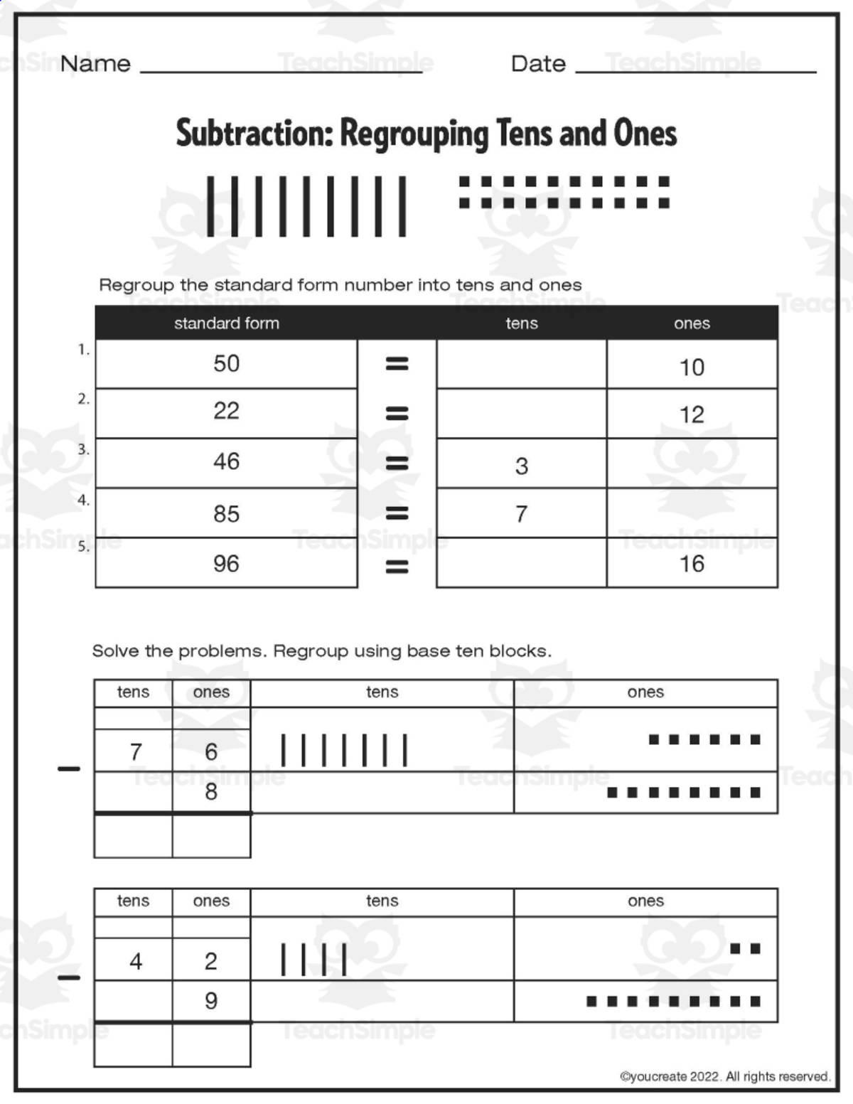 An educational teaching resource from WFO Creative entitled SUBTRACTION: Regrouping 10s and 1s • 2 Digit and 1 Digit Numbers downloadable at Teach Simple.