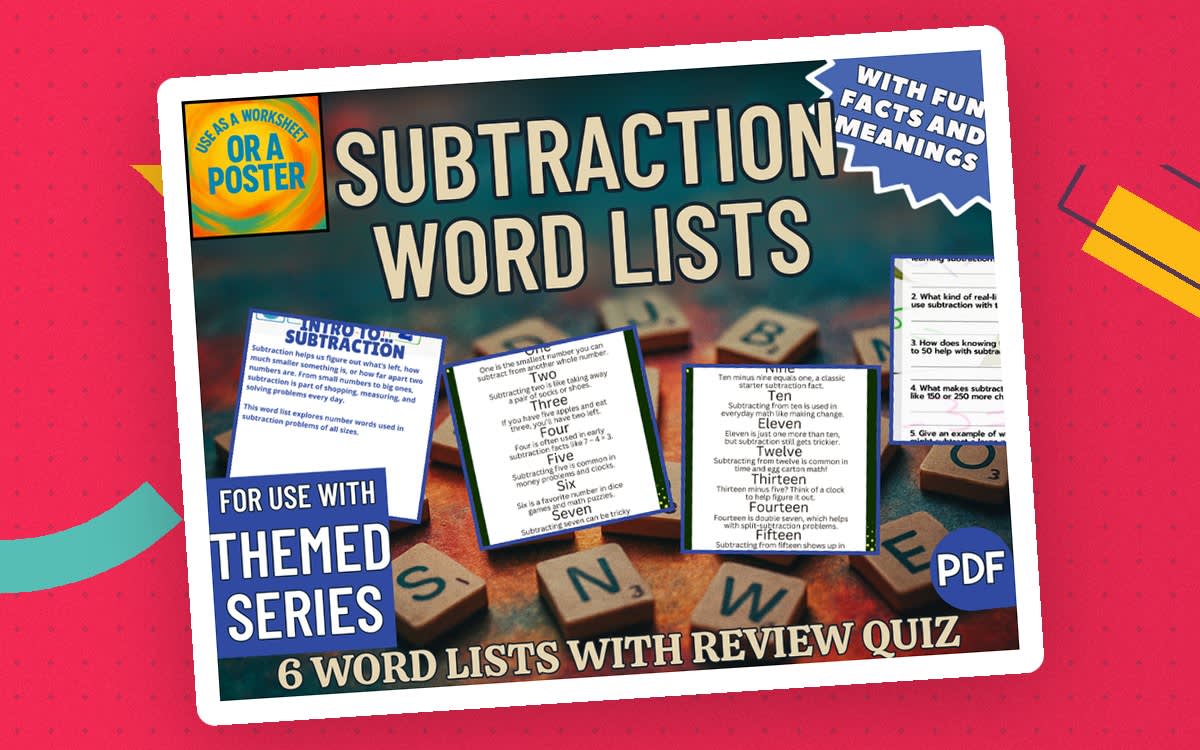 An educational teaching resource from Cored Education entitled Subtraction Word List Posters (PDF) downloadable at Teach Simple.