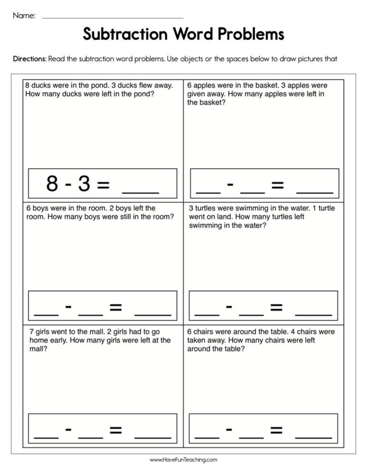 An educational teaching resource from Have Fun Teaching entitled Subtraction Word Problem Worksheet downloadable at Teach Simple.