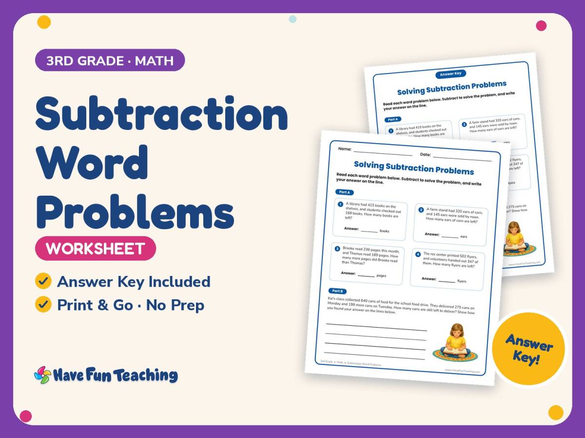 Subtraction Word Problems Worksheet – 3rd Grade Math Practice preview