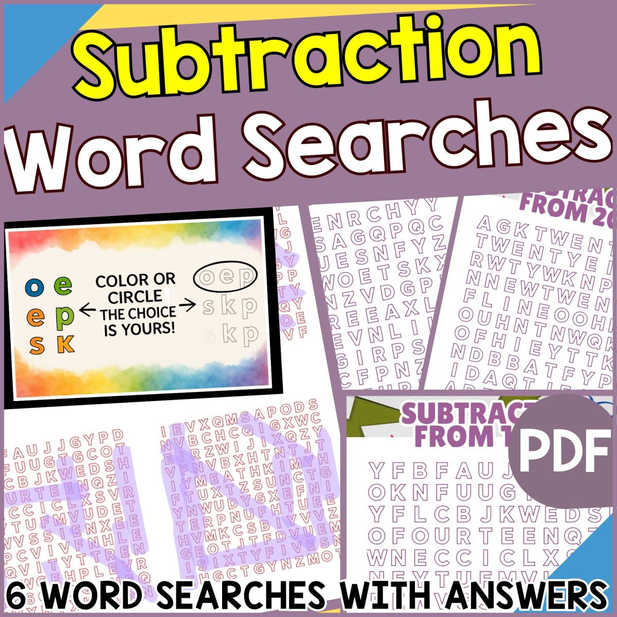 An educational teaching resource from Cored Education entitled Subtraction Word Searches (PDF) downloadable at Teach Simple.