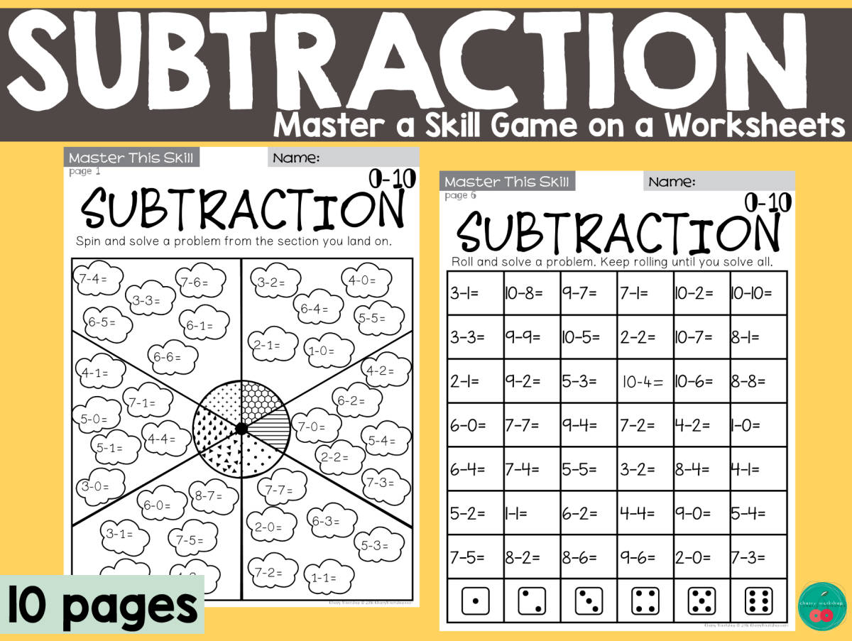 An educational teaching resource from Cherry Workshop entitled Subtraction Worksheets downloadable at Teach Simple.