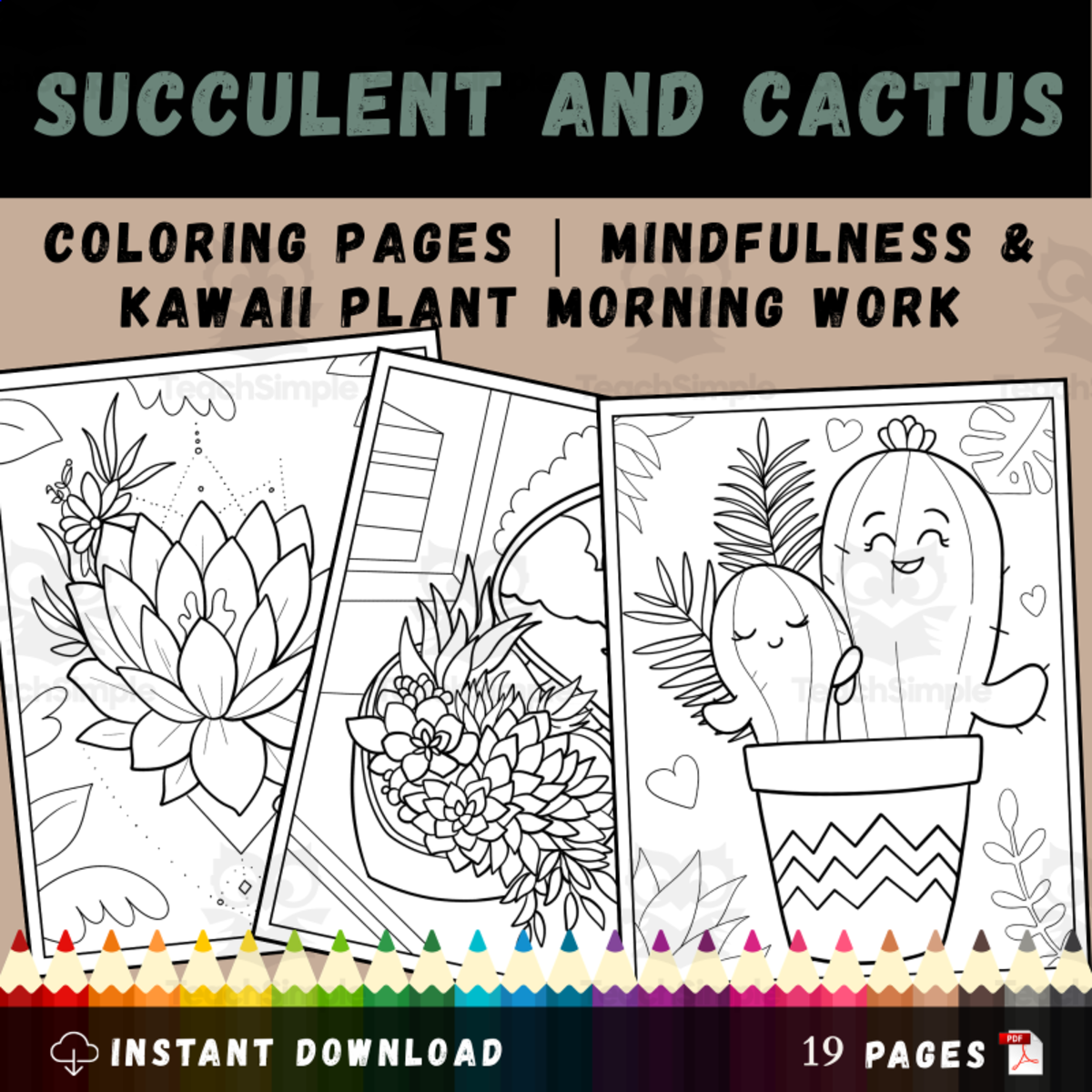 An educational teaching resource from Source Class entitled Succulent and Cactus Coloring Pages | Mindfulness & Kawaii Plant downloadable at Teach Simple.