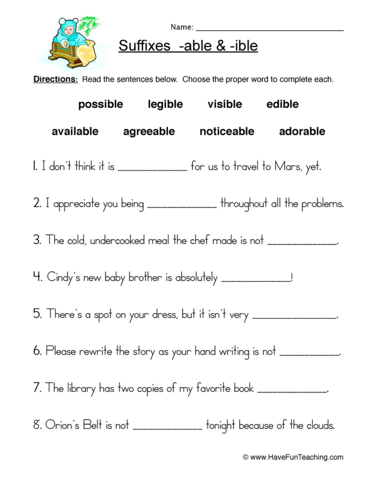 An educational teaching resource from Have Fun Teaching entitled Suffix ABLE and IBLE Worksheet downloadable at Teach Simple.