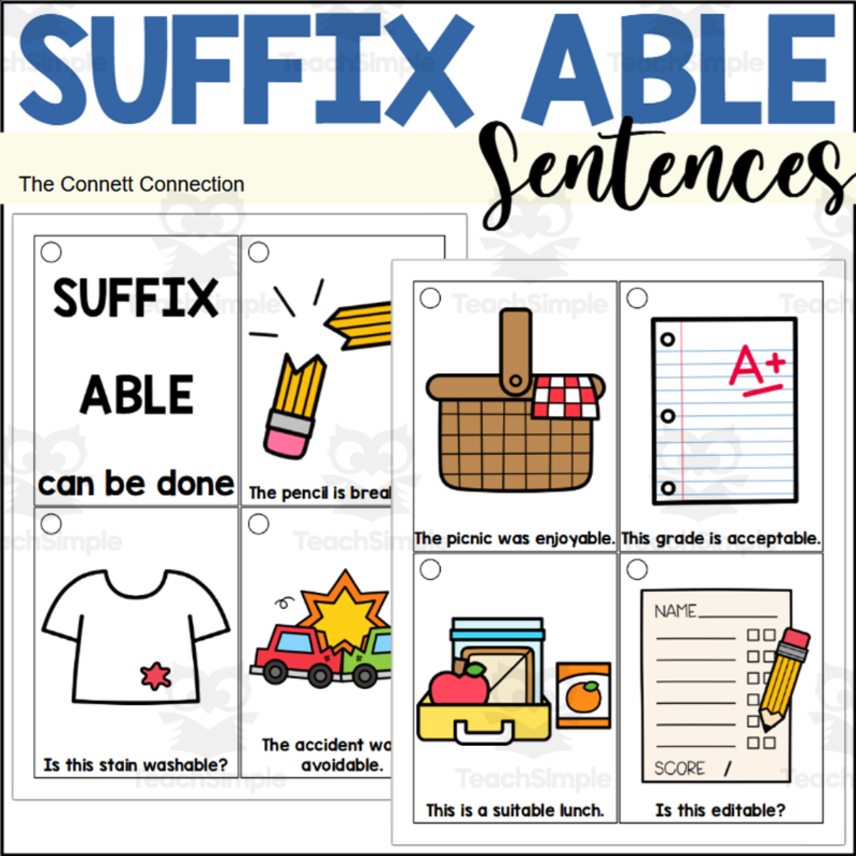 An educational teaching resource from The Connett Connection entitled Suffix Able Sentence Reading Rings downloadable at Teach Simple.