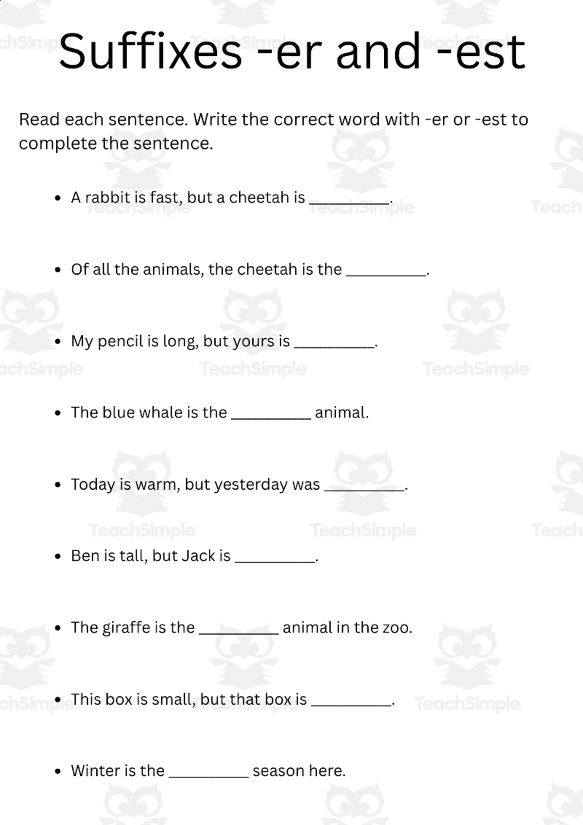 An educational teaching resource from MultiLingual Grammar Lab entitled suffix er and est worksheets 2nd grade downloadable at Teach Simple.