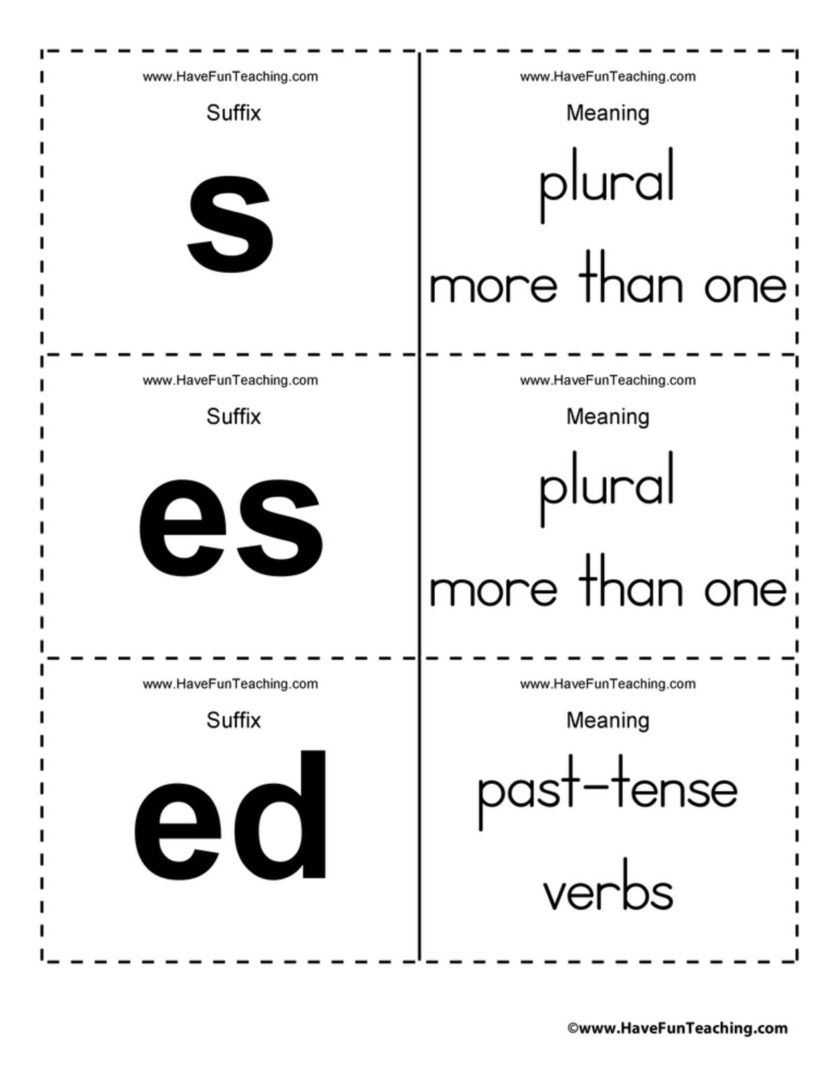 An educational teaching resource from Have Fun Teaching entitled Suffix Flash Cards downloadable at Teach Simple.