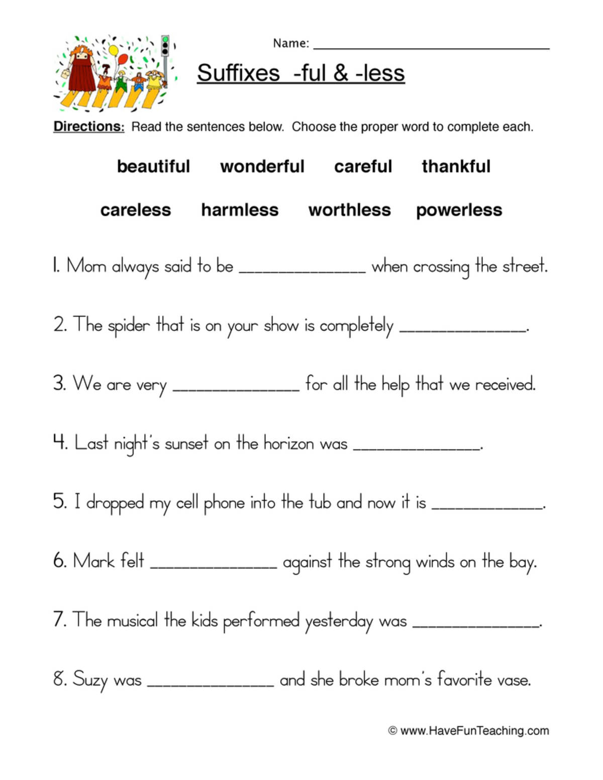 An educational teaching resource from Have Fun Teaching entitled Suffix -Ful and -Less – Word Building Worksheet downloadable at Teach Simple.