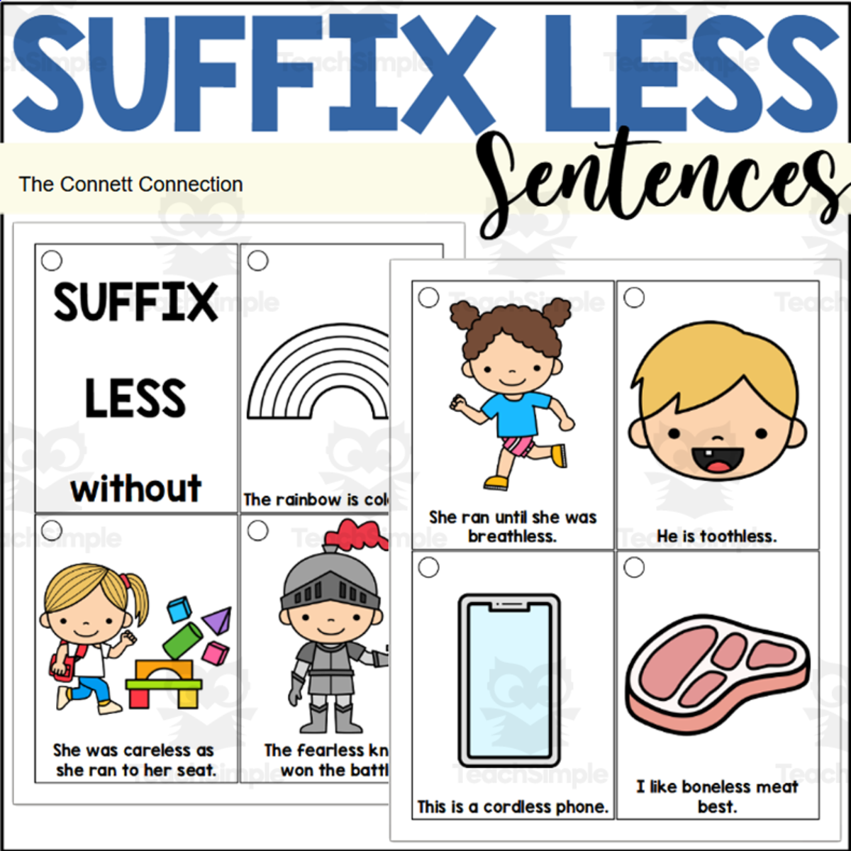 An educational teaching resource from The Connett Connection entitled Suffix LESS Sentence Reading Rings downloadable at Teach Simple.