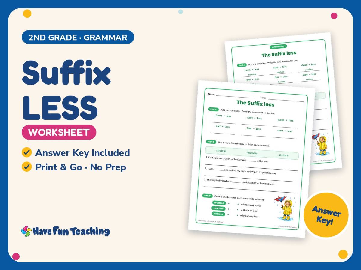 Suffix LESS Worksheet – 2nd Grade Suffixes Practice + Answer Key preview