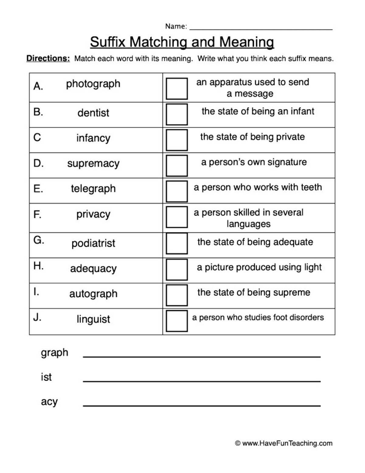 An educational teaching resource from Have Fun Teaching entitled Suffix Matching Worksheet downloadable at Teach Simple.