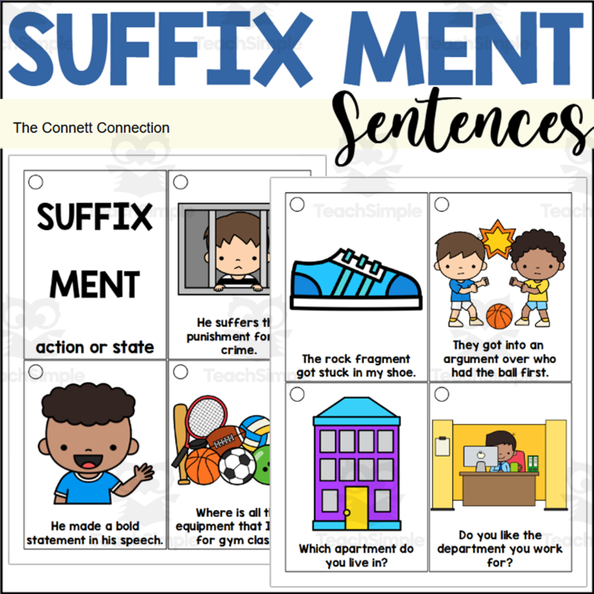 An educational teaching resource from The Connett Connection entitled Suffix MENT Sentence Reading Rings downloadable at Teach Simple.