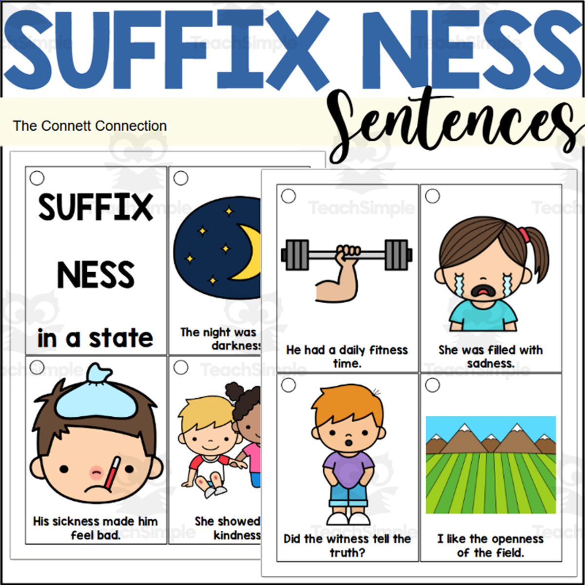 An educational teaching resource from The Connett Connection entitled Suffix NESS Sentence Reading Rings downloadable at Teach Simple.