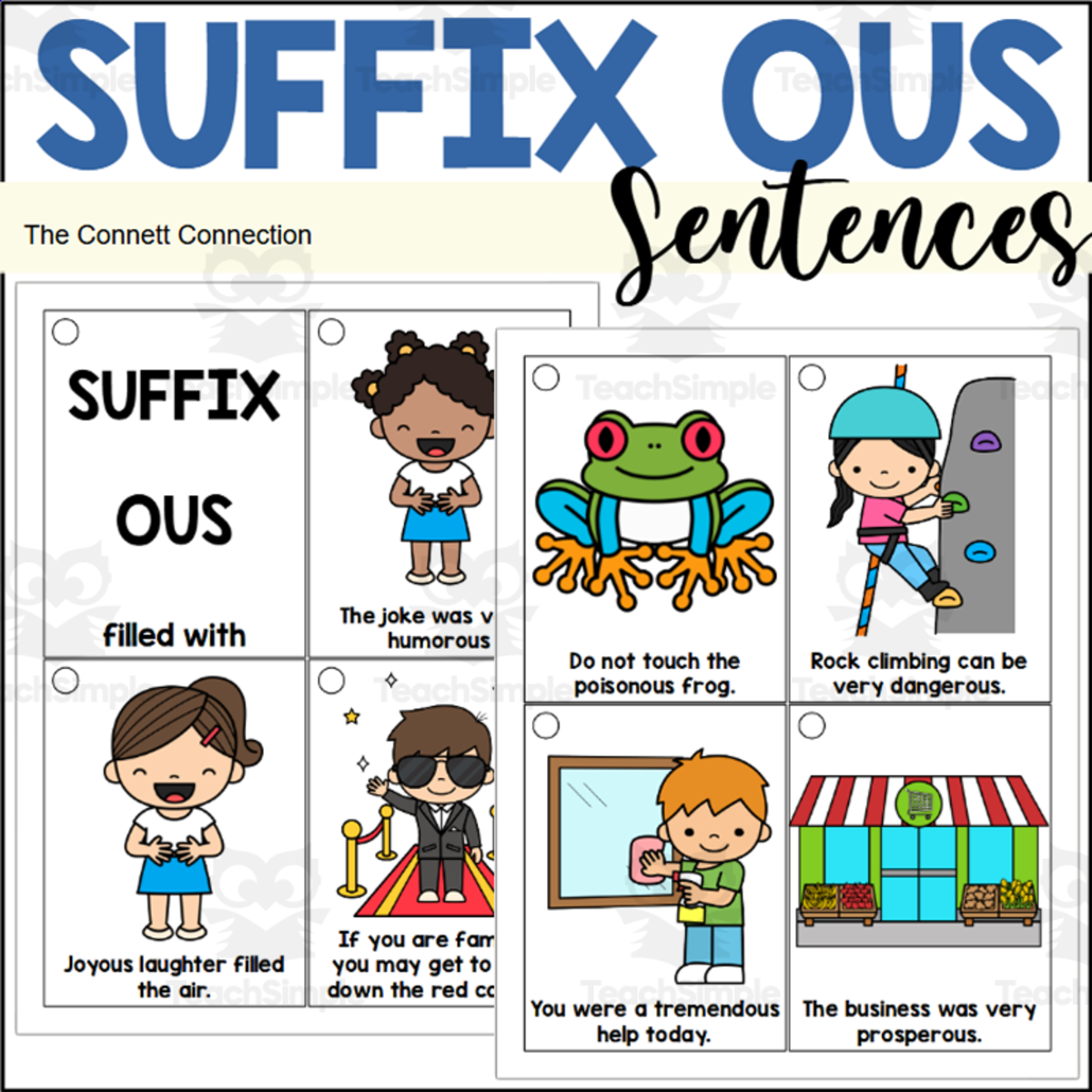 An educational teaching resource from The Connett Connection entitled Suffix OUS Sentence Reading Rings downloadable at Teach Simple.