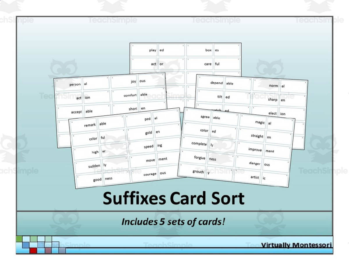 An educational teaching resource from Virtually Montessori entitled Suffixes Card Sort downloadable at Teach Simple.