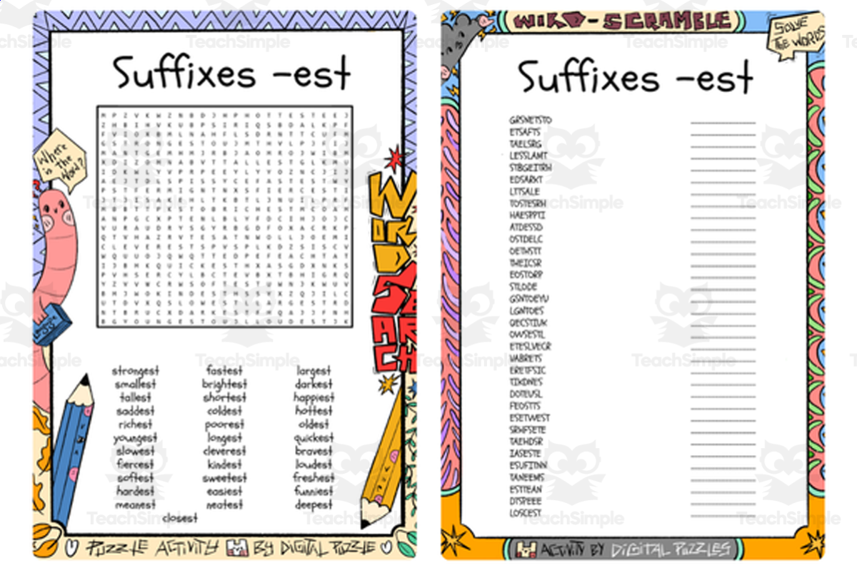 An educational teaching resource from Lapiiin Art Activities entitled Suffixes -est word search & scramble downloadable at Teach Simple.