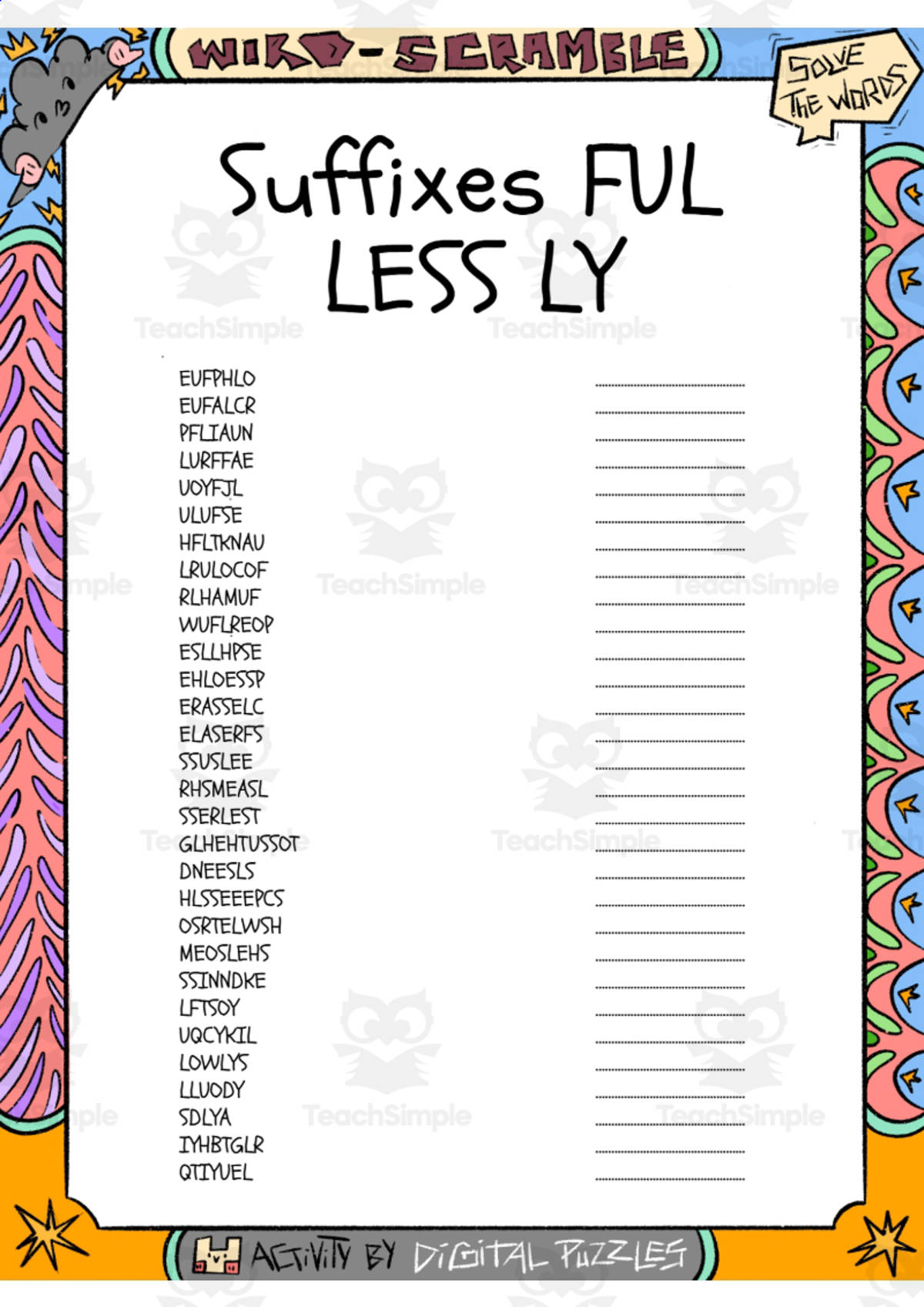 An educational teaching resource from Lapiiin Art Activities entitled Suffixes FUL LESS LY word Scramble puzzle worksheet downloadable at Teach Simple.