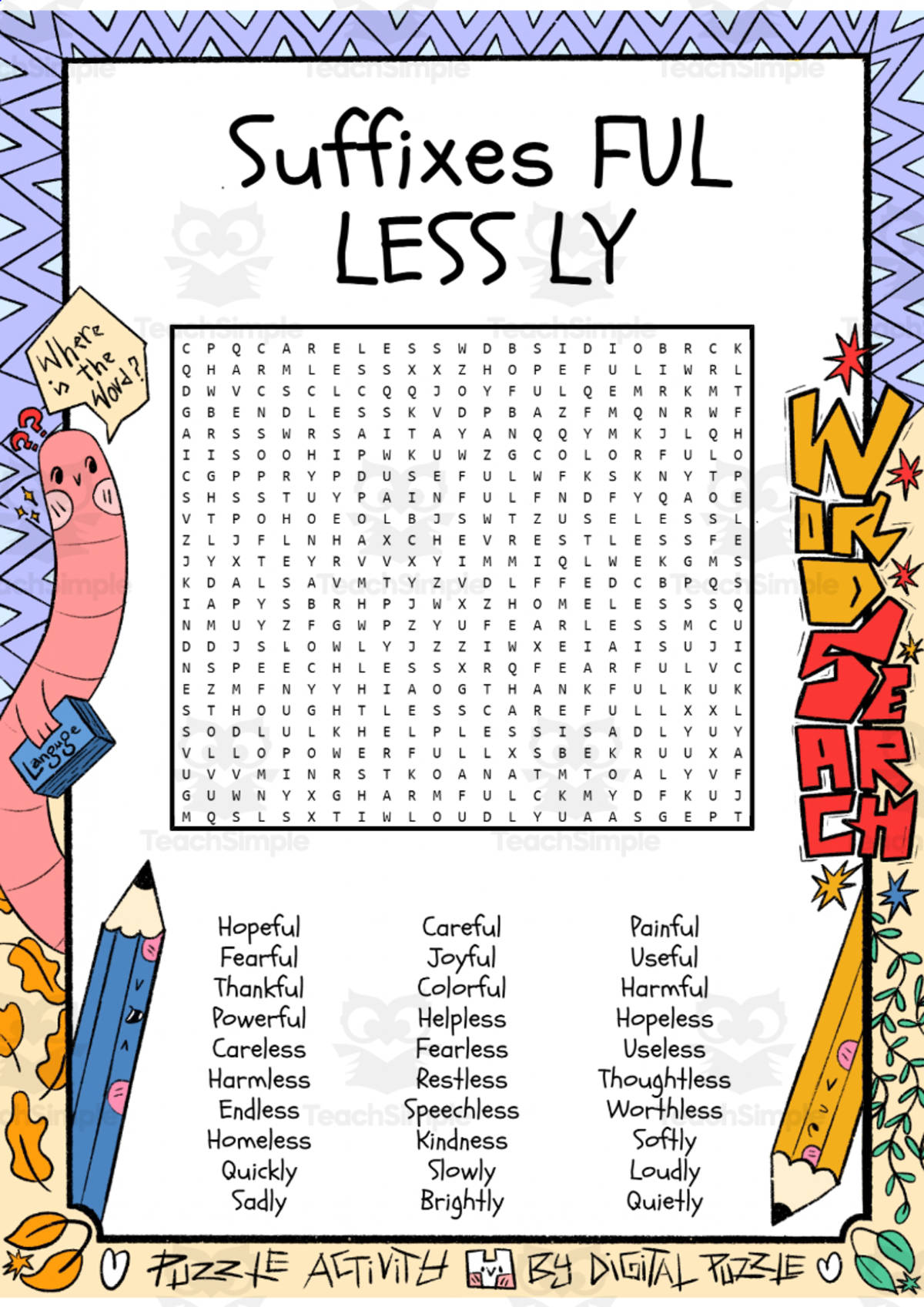 An educational teaching resource from Lapiiin Art Activities entitled Suffixes FUL LESS LY word search puzzle worksheet activity downloadable at Teach Simple.