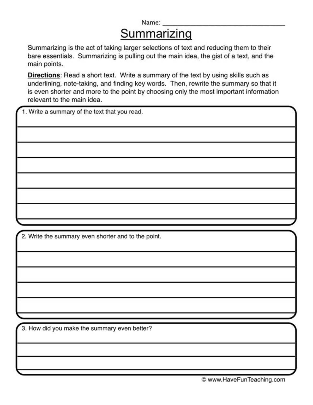 An educational teaching resource from Have Fun Teaching entitled Summarizing Organizer Worksheet downloadable at Teach Simple.