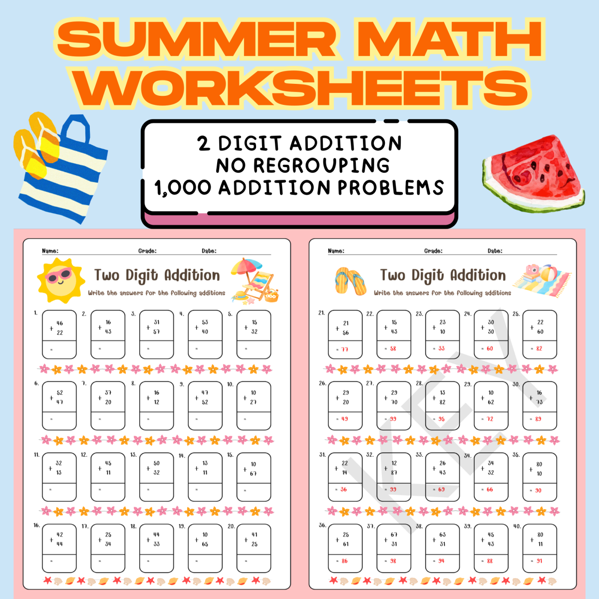 An educational teaching resource from Cutie worksheets986 entitled Summer 2 Digit Addition Worksheets No Regrouping | Grade 1 Math downloadable at Teach Simple.